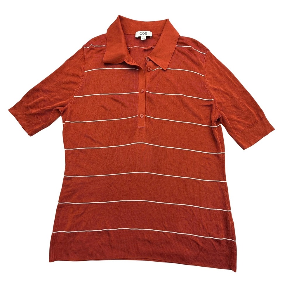COS Polo Shirt Mens L Orange Striped Lightweight 100% Viscose Knit Short Sleeve